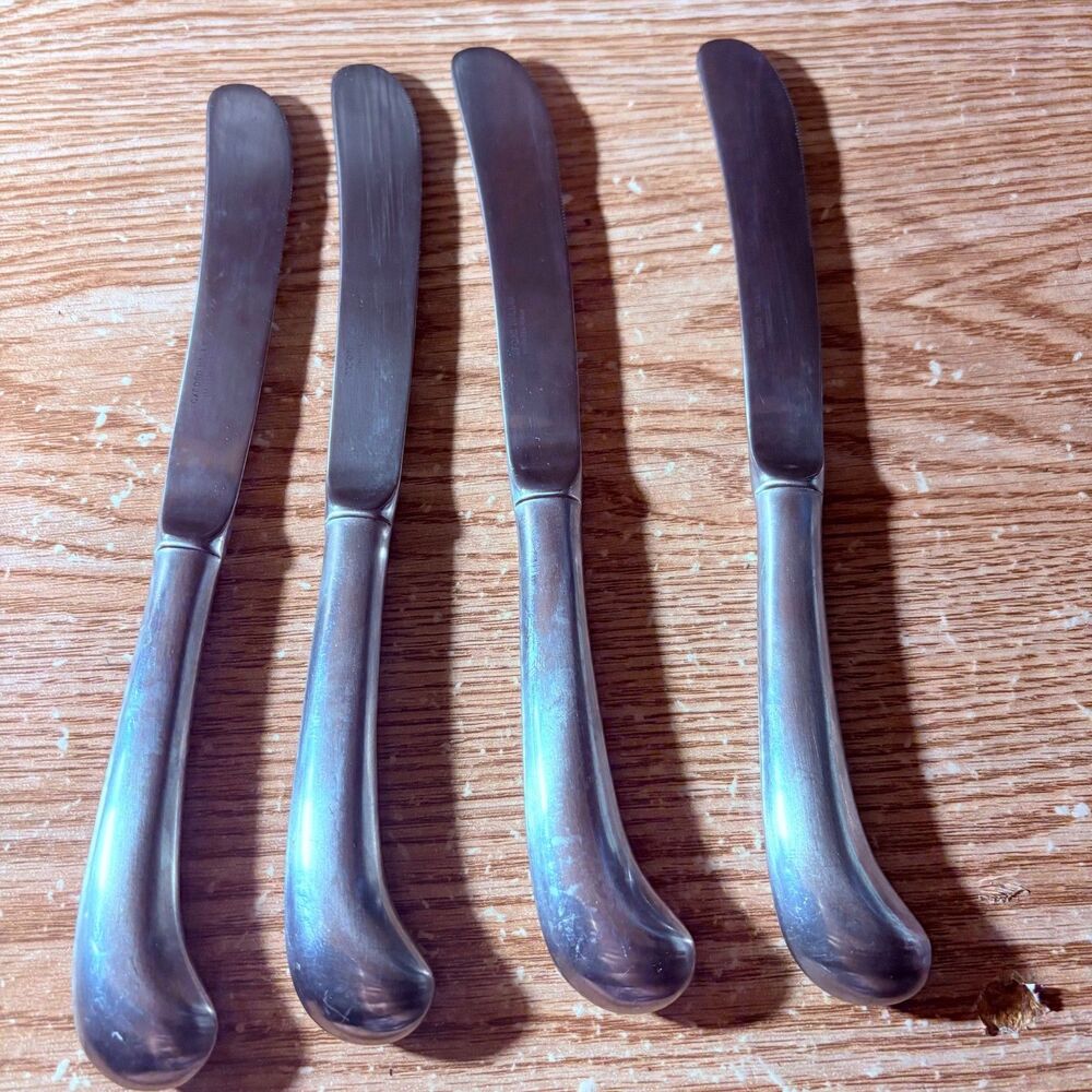4 Korea Dinner Butter Knife Pistol Grip Hollow Handle 9" Stainless Vtg mcm